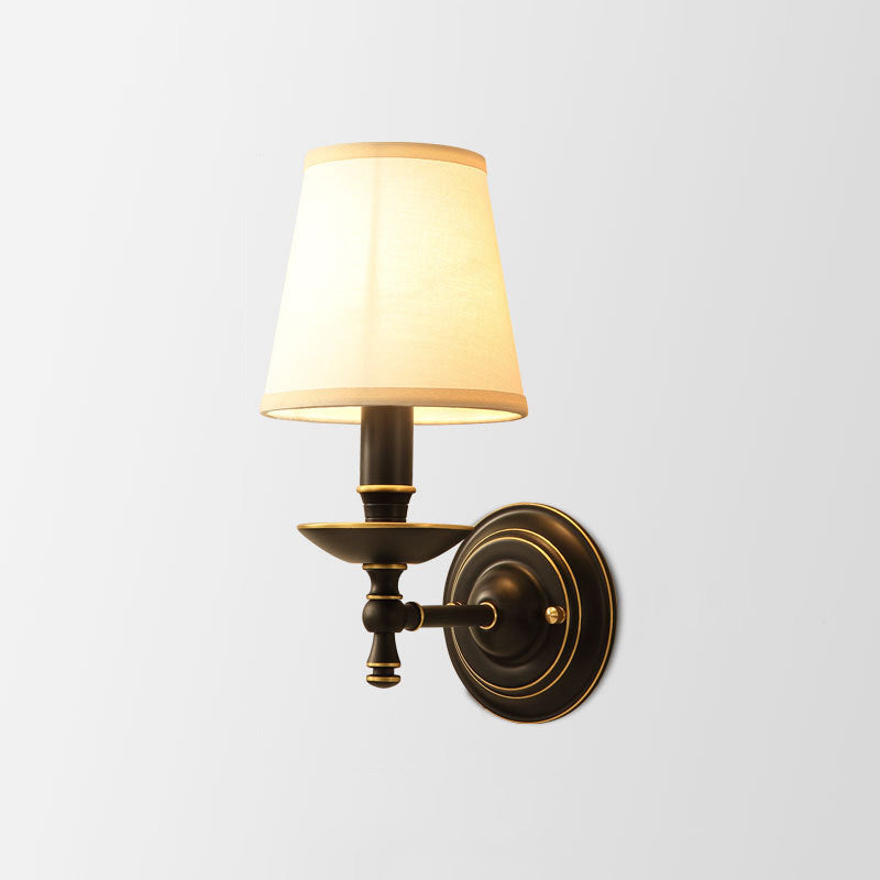 Single-Bulb Wall Sconce Vintage Candlestick Metal Wall Mounted Lamp with Tapered Fabric Shade in Black