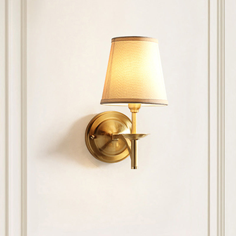 Candelabra Metal Wall Sconce Minimalism 1-Light Living Room Wall Mounted Light with Cone Fabric Shade in Gold