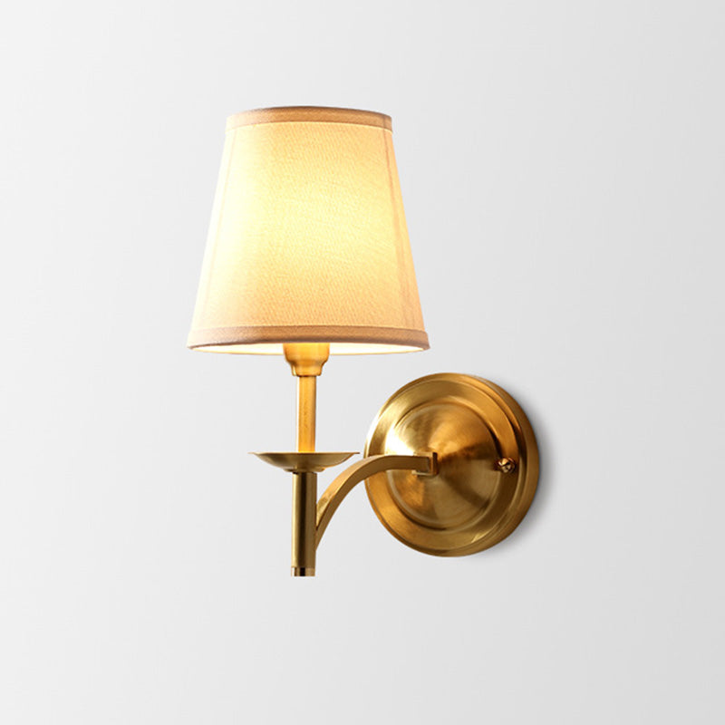 Candelabra Metal Wall Sconce Minimalism 1-Light Living Room Wall Mounted Light with Cone Fabric Shade in Gold