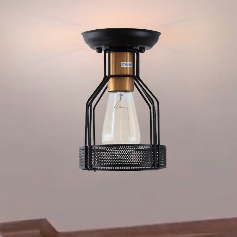 Single Bulb Semi Flush Mount Industrial Caged Metal Ceiling Light in Black with Wire Mesh