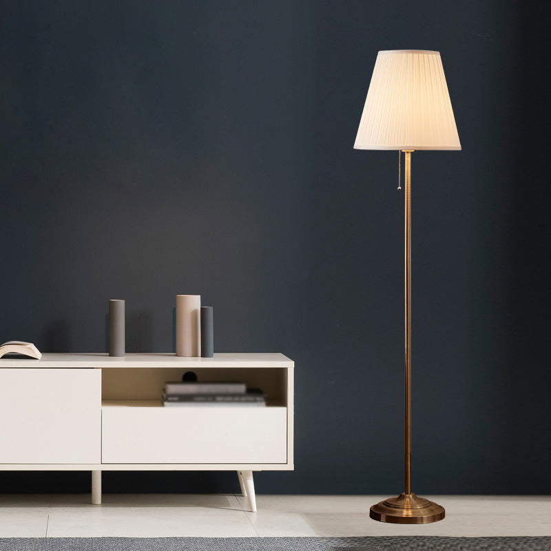 Brown Pleated Shade Standing Light Vintage Fabric 1��Head Living Room Floor Lamp with Pull Chain