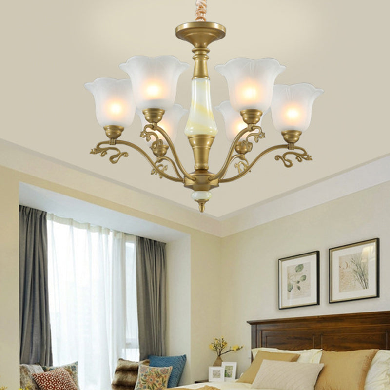 3/6/8 Light Frosted Glass Hanging Chandelier Traditional Brass Scalloped Living Room Pendant Light Fixture