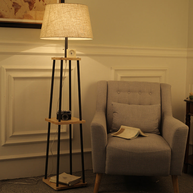 Fabric Tapered Drum Floor Lamp Traditional Single Living Room Standing Light with 3-Layer Shelf in Black