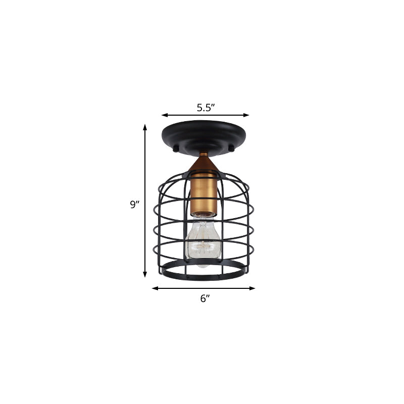 Black One Light Ceiling Mount Industrial Metal Cylinder Semi Flush Light with Cage for Corridor
