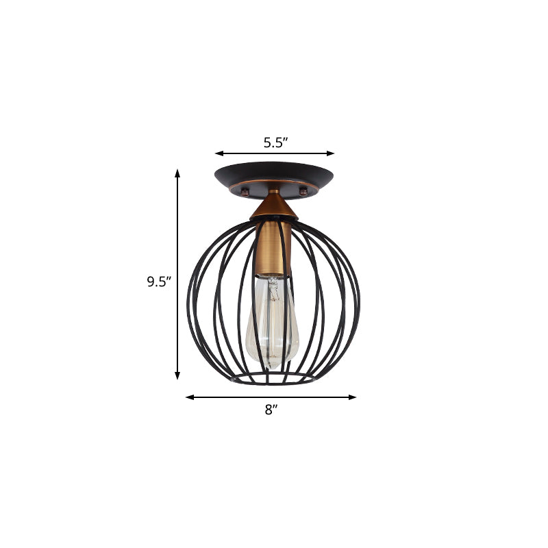 1 Light Ceiling Light Fixture Caged Globe Shade Metal Industrial Living Room Semi Flush in Black