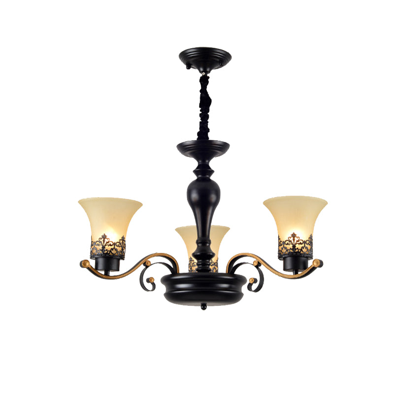 Bell Grosted Glass Chandelier Light traditionnel 3/6/8 Light Living Room Pendant Lighting en noir