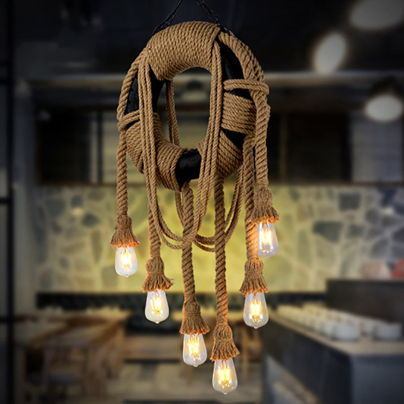 Rope Black Pendant lampe pneu 6 lumières Industrial Chandelier Lightture pour le café