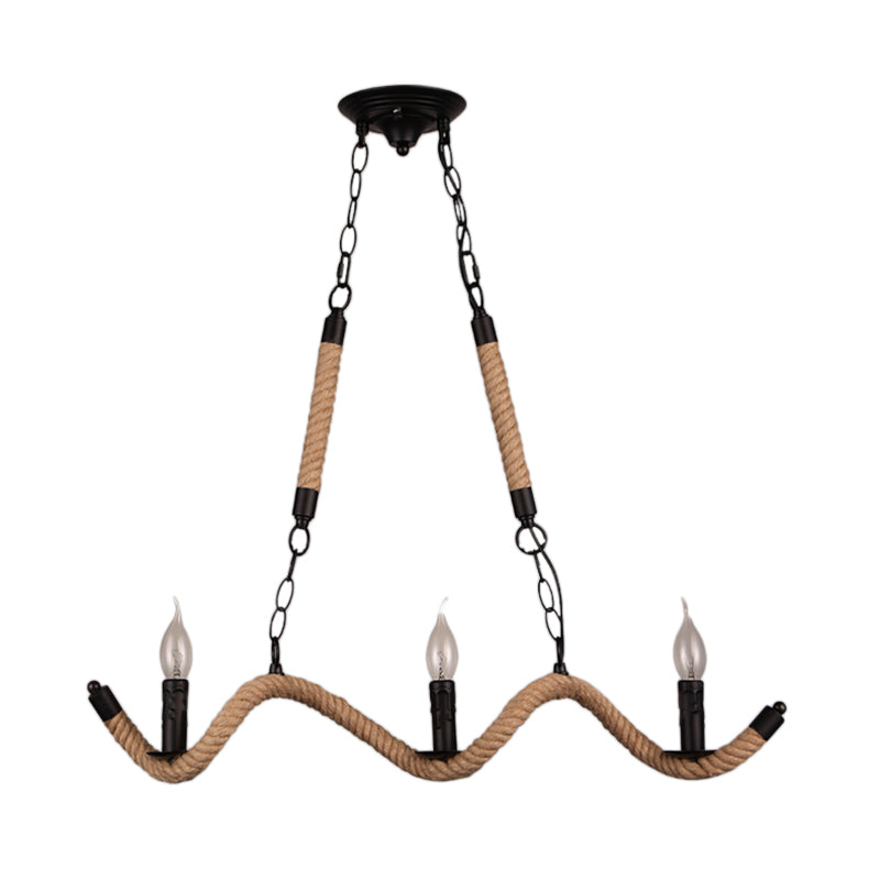 3-Light Candle Island Lamp Vintage Black Rope Pendant Light Fixture for Dining Room