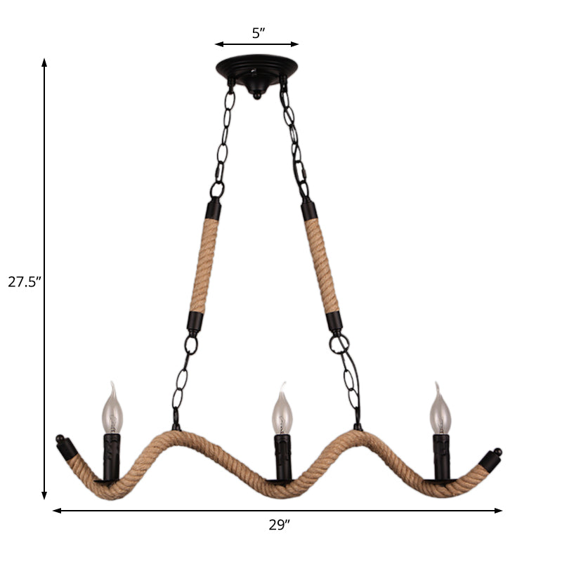 3-Light Candle Island Lamp Vintage Black Rope Pendant Light Fixture for Dining Room