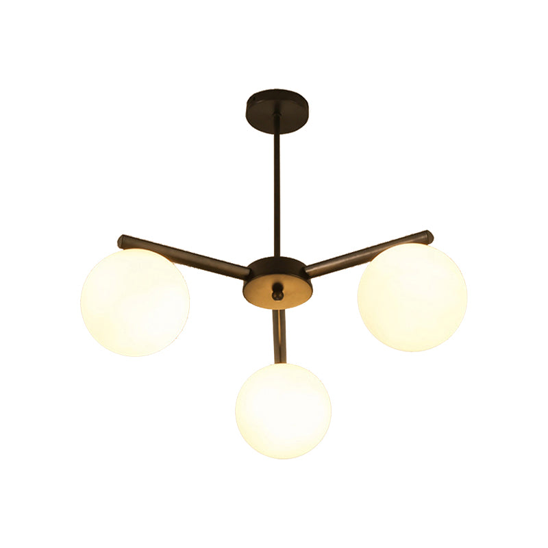 White Glass Globe Hanging Chandelier Traditional 3/6/8 Light Living Room Pendant Light in Black with Sunburst Design