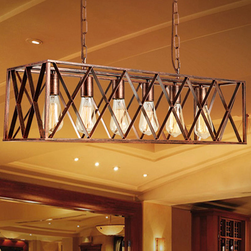 Metal Cross Framed Box Island Pendant Light Industrial 6 Light Dining Room Hanging Lamp in Weathered Copper