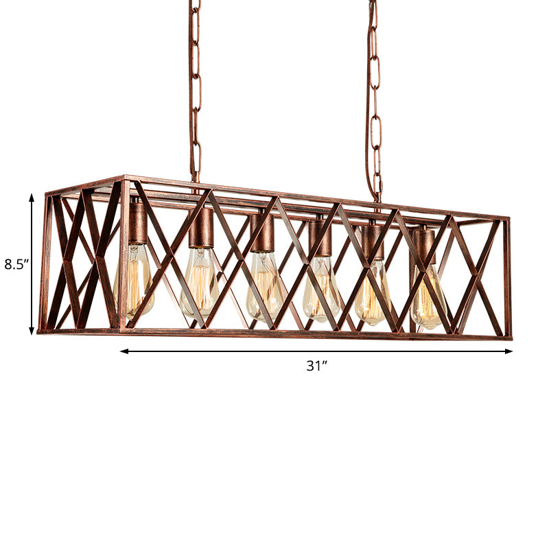 Metal Cross Framed Box Island Pendant Light Industrial 6 Light Dining Room Hanging Lamp in Weathered Copper