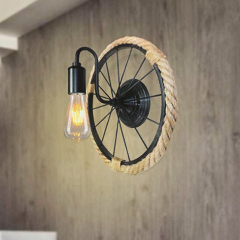 1 Light Open Bulb Sconce Lamp Industrial Black Rope Wall Mounted Light with Wheel Shape