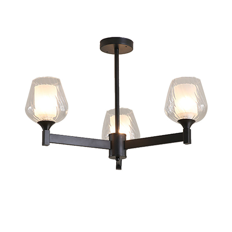 3/6/8 Lights Chandelier Light Cylinder Clear Textured Glass Traditional Dining Room Ceiling Lamp in Black