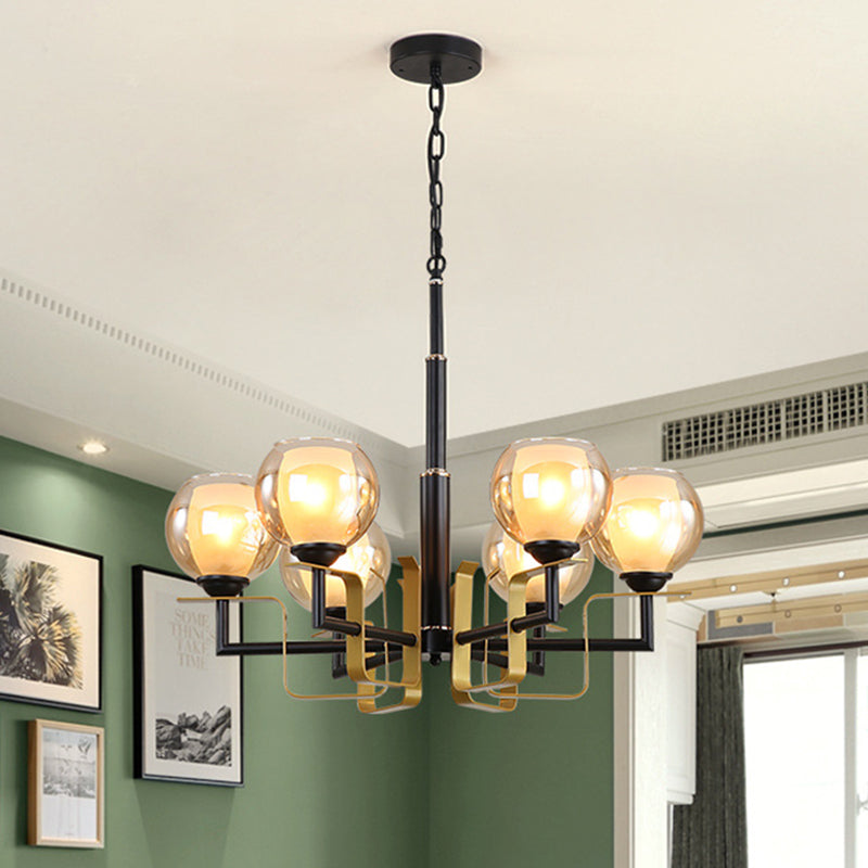 3/6/8 Lights Amber Glass Pendant Chandelier Traditional Black Bubble Bedroom Hanging Ceiling Fixture