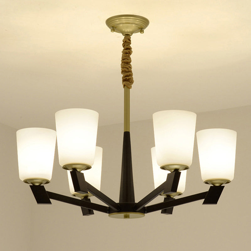 Cone Frosted Glass Light Chandelier Traditional 6/8/12 Lights Living Room Pendant Lighting in Black