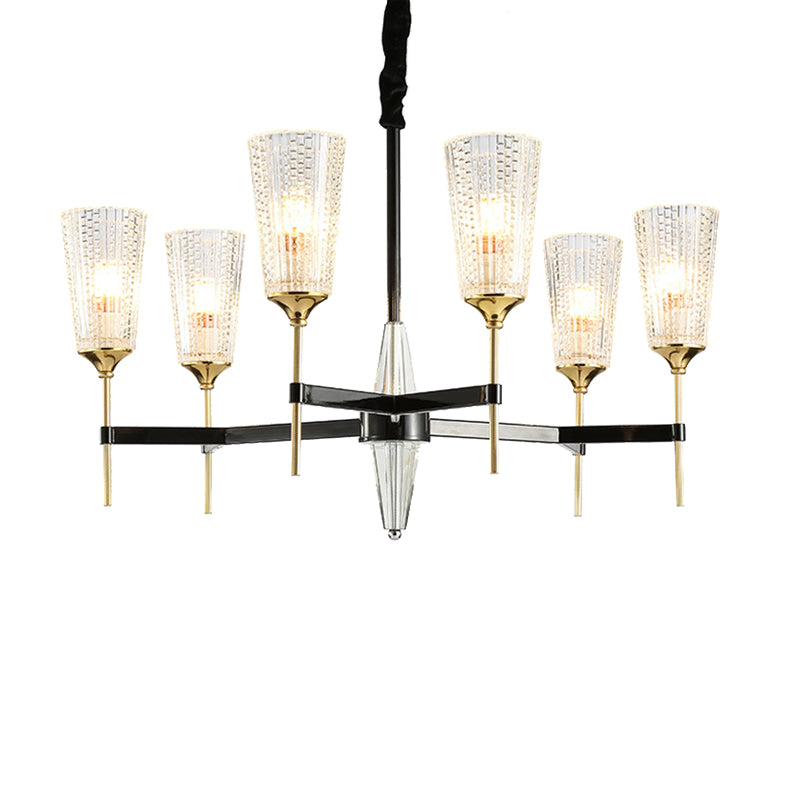 Clear 6/8 Lights Pendant Chandelier Traditional Textured Glass Cone Hanging Light for Living Room