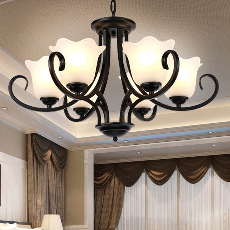 3/6/8 Lights Ceiling Light Traditional Flower Shape Frosted Glass Hanging Chandelier in Black for Living Room