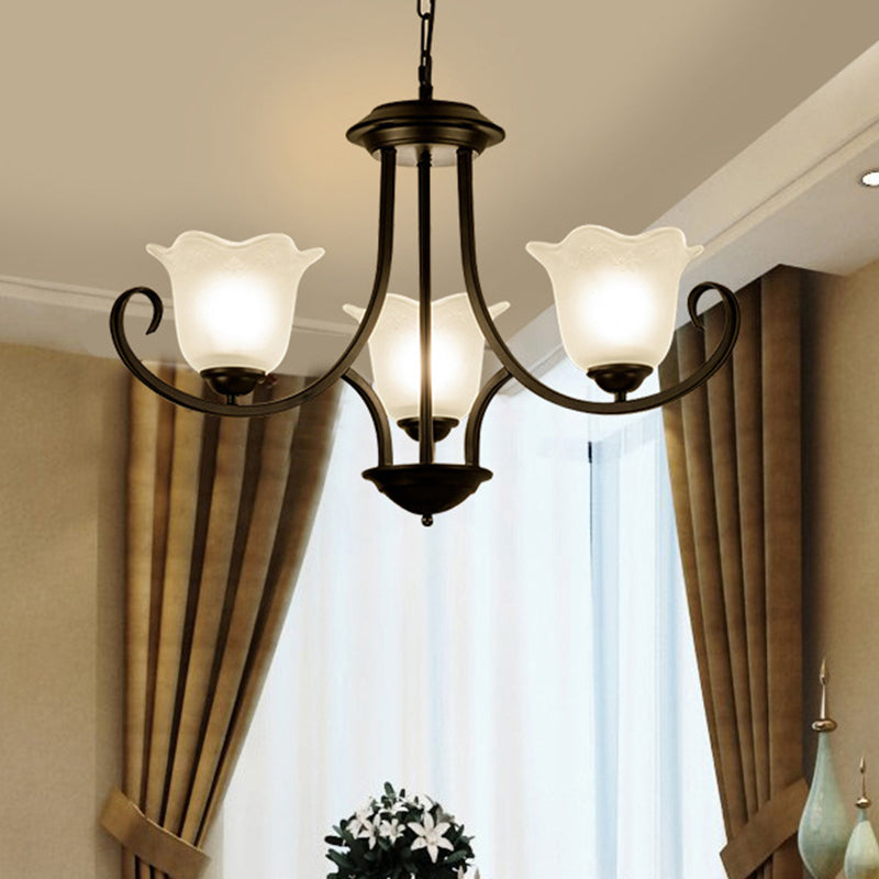 3/6/8 Lights Ceiling Light Traditional Flower Shape Frosted Glass Hanging Chandelier in Black for Living Room