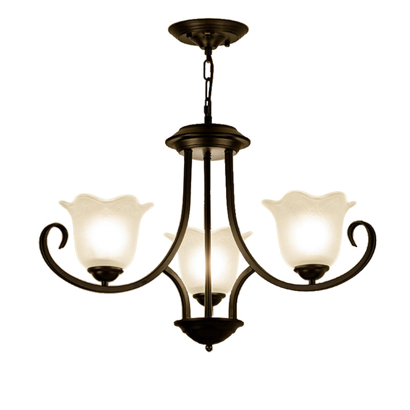3/6/8 Lights Ceiling Light Traditional Flower Shape Frosted Glass Hanging Chandelier in Black for Living Room