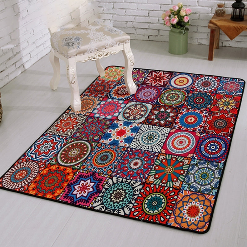 Tapis marocain multicolore en polypropylène, motif de fleurs tribales, antidérapant, résistant aux taches, lavable, pour salon