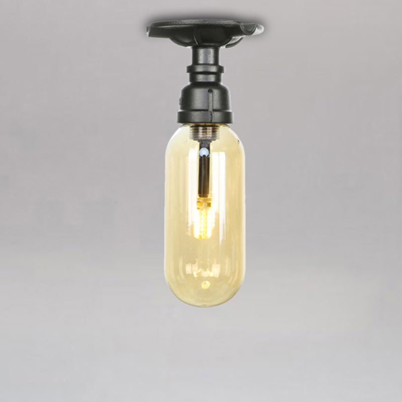 1 Light Capsuled Shade Semi Flush Light Industrial Black Amber Glass Ceiling Mount with Pipe Design