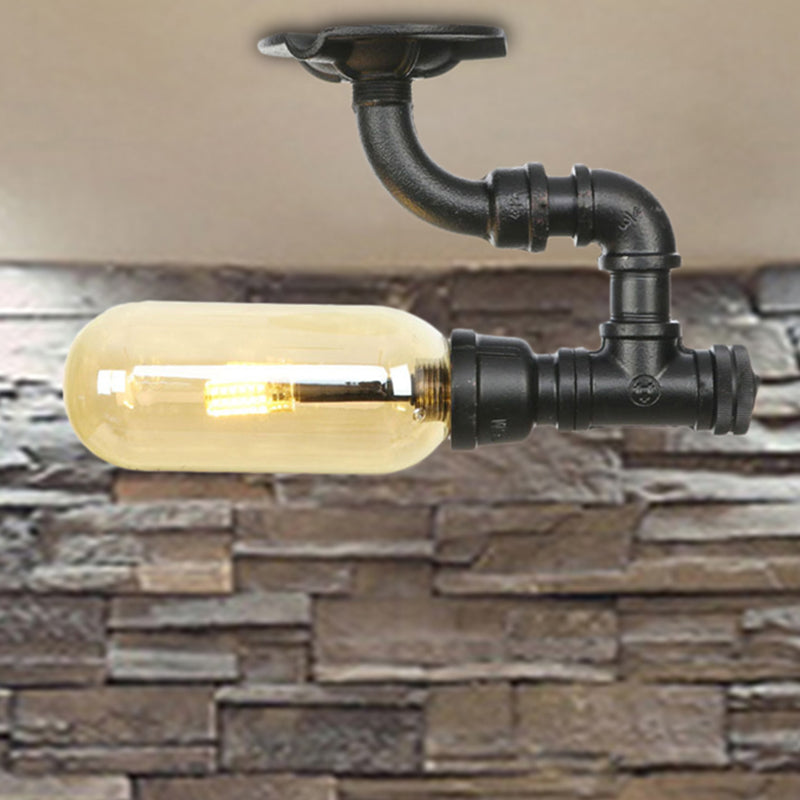 1 Light Capsuled Shade Semi Flush Light Industrial Black Amber Glass Ceiling Mount with Pipe Design