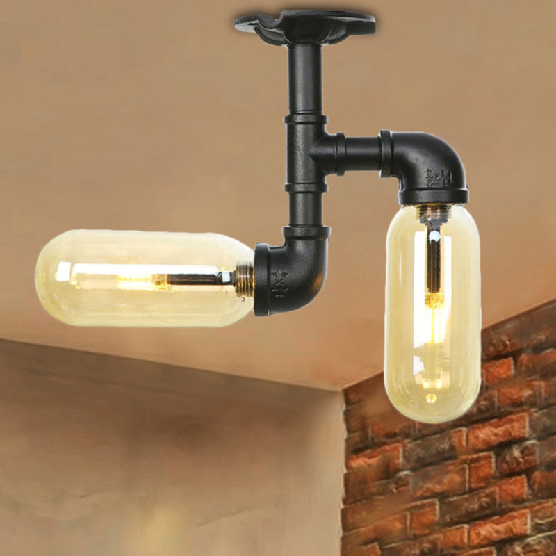 Ovalo tonalità ambra in vetro ambra semi -montaggio stile rustico 2 lampadine sala da pranzo luce soffitto in nero opaco con design del tubo