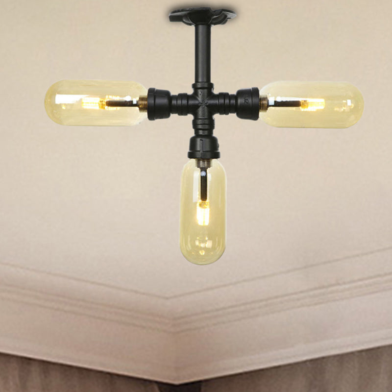 Illuminazione a soffitto nero opaco vetro ambra vintage 3/4 luce ovale semi -filo con design del tubo