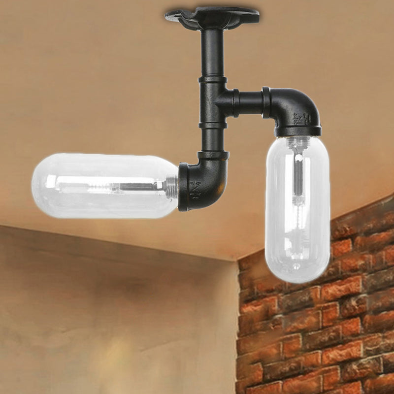 Lampada da soffitto per interni con paralume a capsula nero opaco vintage a 2 luci in vetro trasparente con montaggio a semicerchio e design a tubo