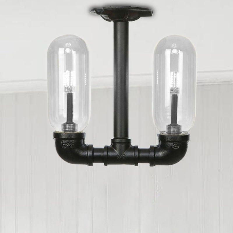 Abbattina con capsula nera opaca semi-ruscini chiaro vetro rustico in vetro a 2 luci del soffitto del soggiorno con design del tubo