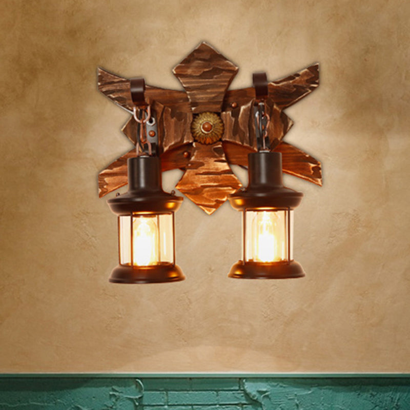 Iluminación de pared de vela/linterna negra estilo vintage de vidrio transparente/lámpara de aplastamiento de interiores de 2 luces con placa trasera de madera