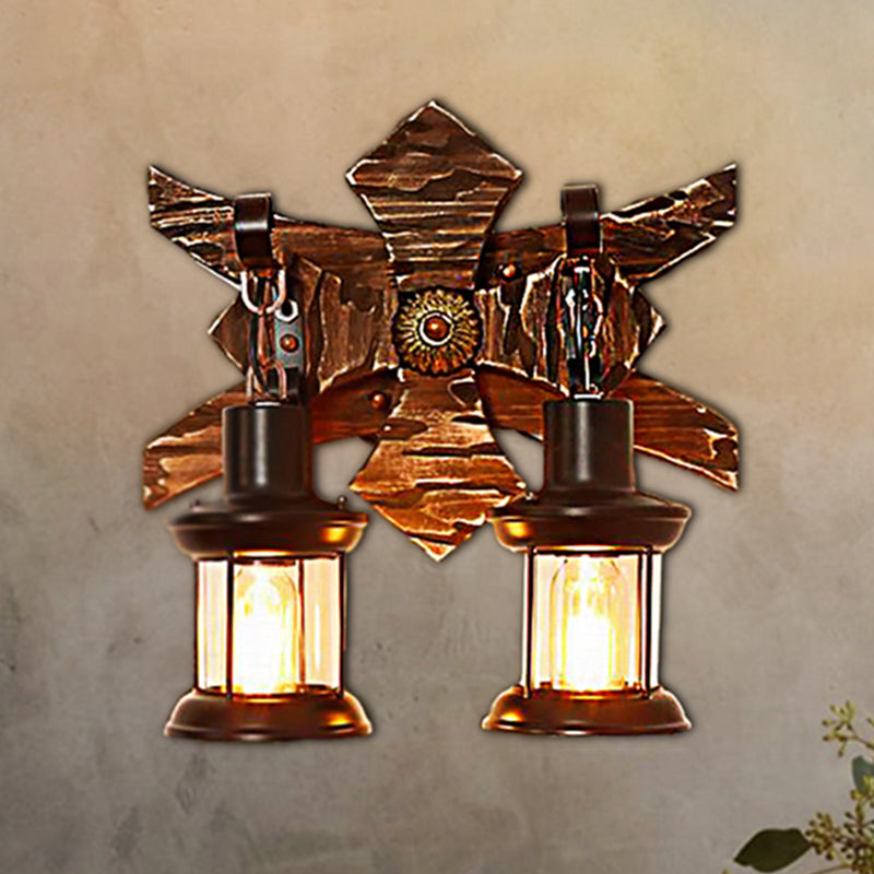 Iluminación de pared de vela/linterna negra estilo vintage de vidrio transparente/lámpara de aplastamiento de interiores de 2 luces con placa trasera de madera