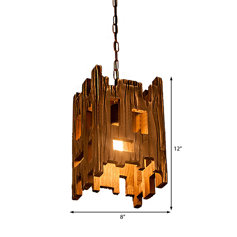 Brown Rectangle Pendant Fixture Antique Etched Wood 1/2/3-Light Dining Room Hanging Ceiling Light