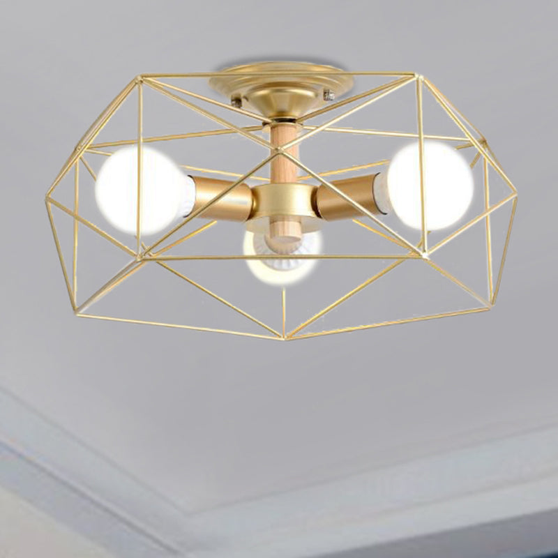 Geometric Opal Glass Semi Flush Industrial 3/4/5 Lights Bedroom Light Fixture in Gold