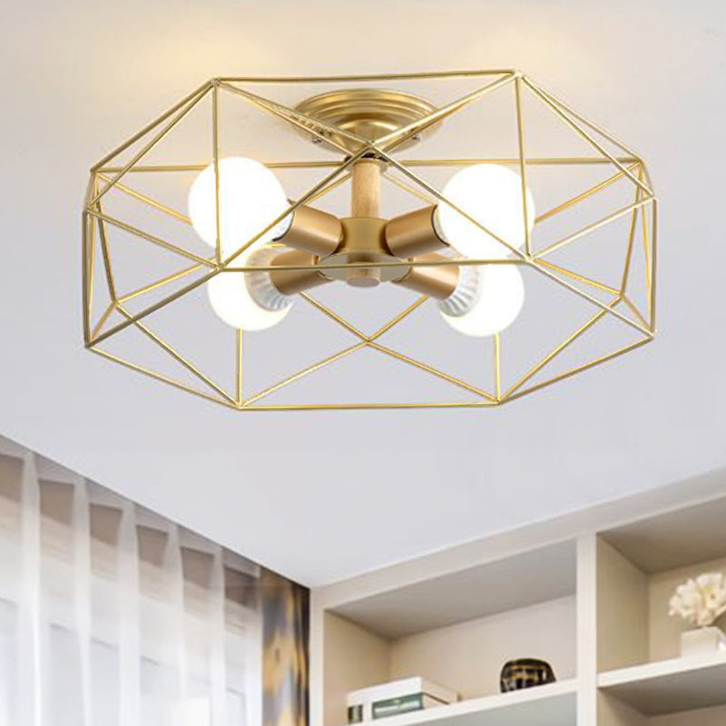 Geometric Opal Glass Semi Flush Industrial 3/4/5 Lights Bedroom Light Fixture in Gold