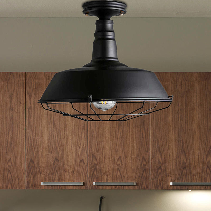 One Light Barn Semi Flush Light Industrial Black Metal Lighting Fixture with Cage, 10"/14" Wide