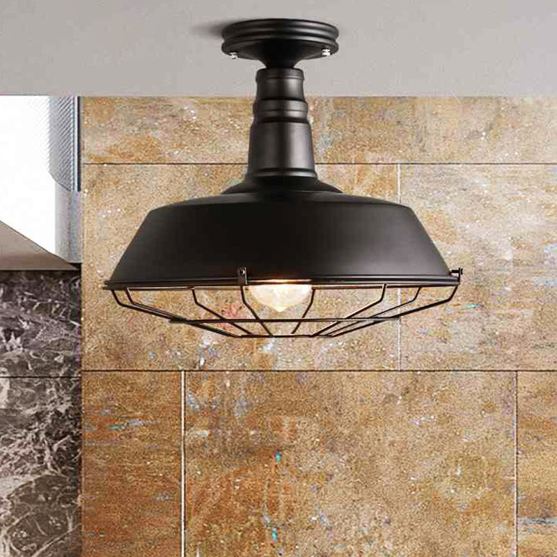 One Light Barn Semi Flush Light Industrial Black Metal Lighting Fixture with Cage, 10"/14" Wide