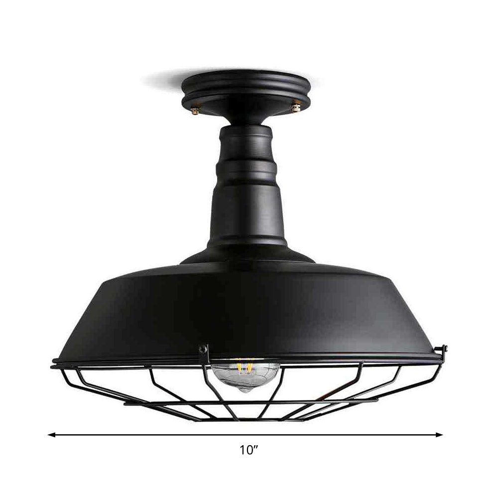One Light Barn Semi Flush Light Industrial Black Metal Lighting Fixture with Cage, 10"/14" Wide