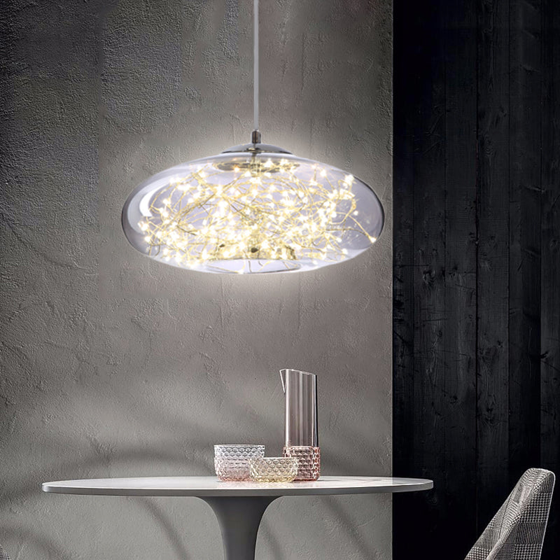 Modern LED Pendant Light with Amber/Smoke Grey Glass Globe/Cylinder/Oval Hanging Light Kit for Living Room
