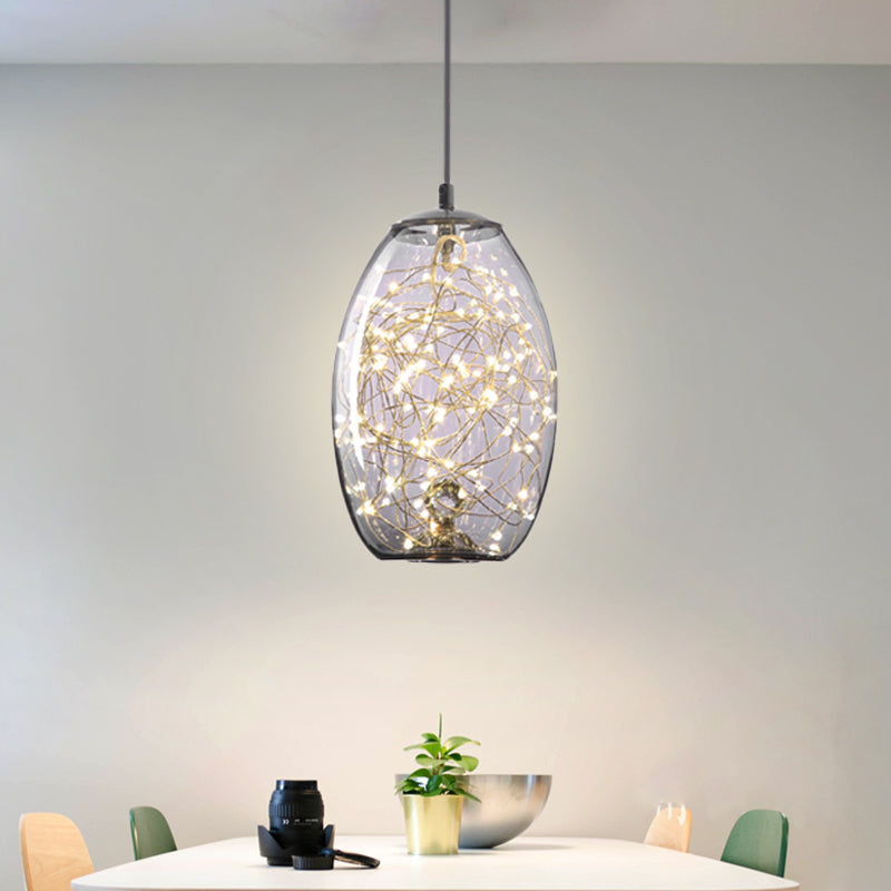 Modern LED Pendant Light with Amber/Smoke Grey Glass Globe/Cylinder/Oval Hanging Light Kit for Living Room
