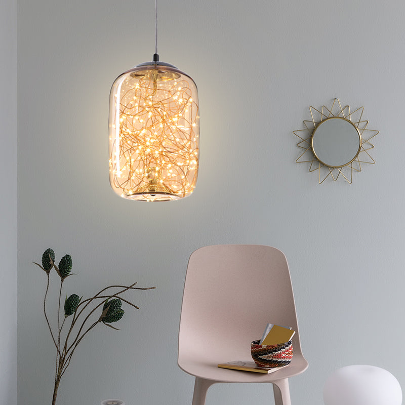 Modern LED Pendant Light with Amber/Smoke Grey Glass Globe/Cylinder/Oval Hanging Light Kit for Living Room