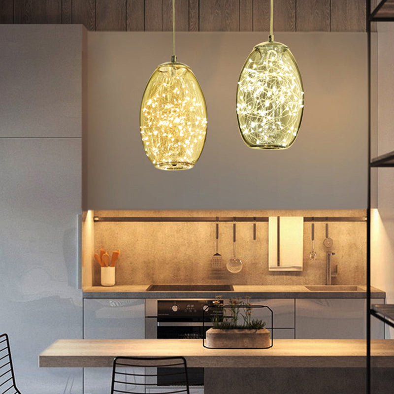 Modern LED Pendant Light with Amber/Smoke Grey Glass Globe/Cylinder/Oval Hanging Light Kit for Living Room