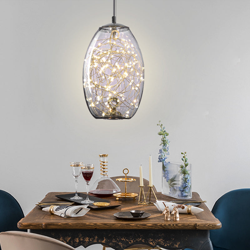 Modern LED Pendant Light with Amber/Smoke Grey Glass Globe/Cylinder/Oval Hanging Light Kit for Living Room