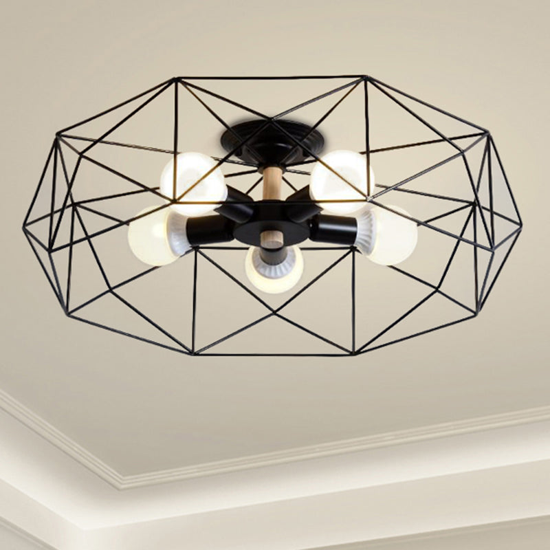 Caged Opal Glass Semi Mount Lighting Industrial 3/4/5 Bulb Living Room Ceiling Light in Black/White