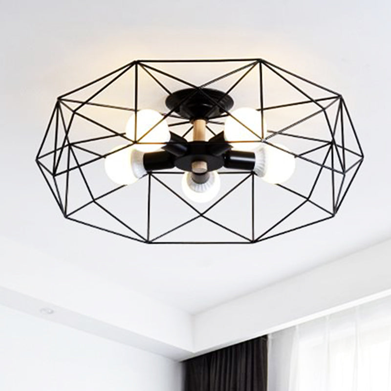 Caged Opal Glass Semi Mount Lighting Industrial 3/4/5 Bulb Living Room Ceiling Light in Black/White