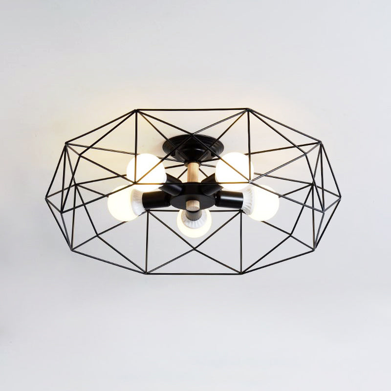 Caged Opal Glass Semi Mount Lighting Industrial 3/4/5 Bulb Living Room Ceiling Light in Black/White