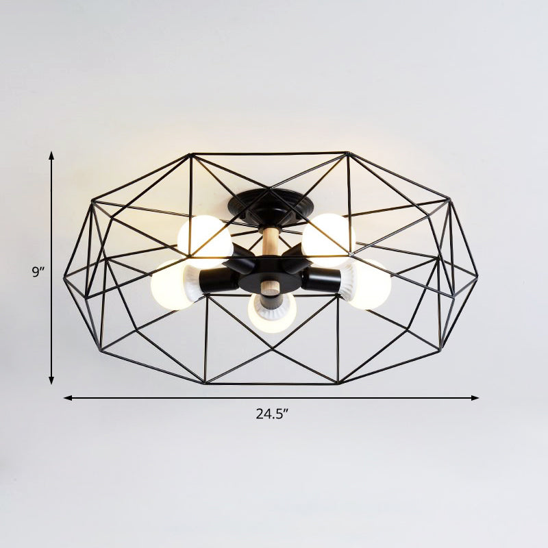 Caged Opal Glass Semi Mount Lighting Industrial 3/4/5 Bulb Living Room Ceiling Light in Black/White