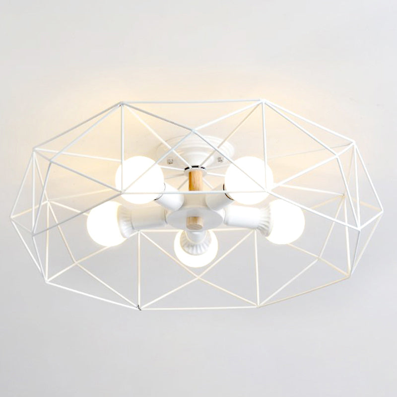 Caged Opal Glass Semi Mount Lighting Industrial 3/4/5 Bulb Living Room Ceiling Light in Black/White