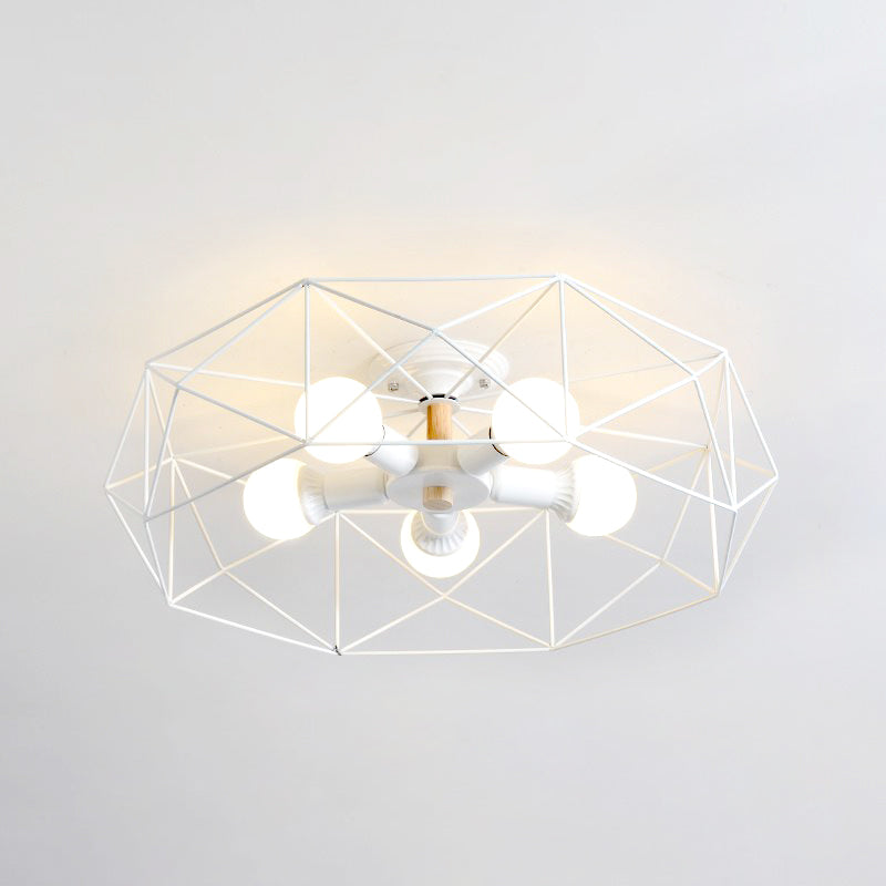 Caged Opal Glass Semi Mount Lighting Industrial 3/4/5 Bulb Living Room Ceiling Light in Black/White